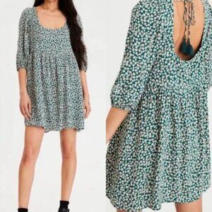 ☀️ AMERICAN EAGLE Green Floral Mini Dress Small Casual Cute Boho Chic Flower
